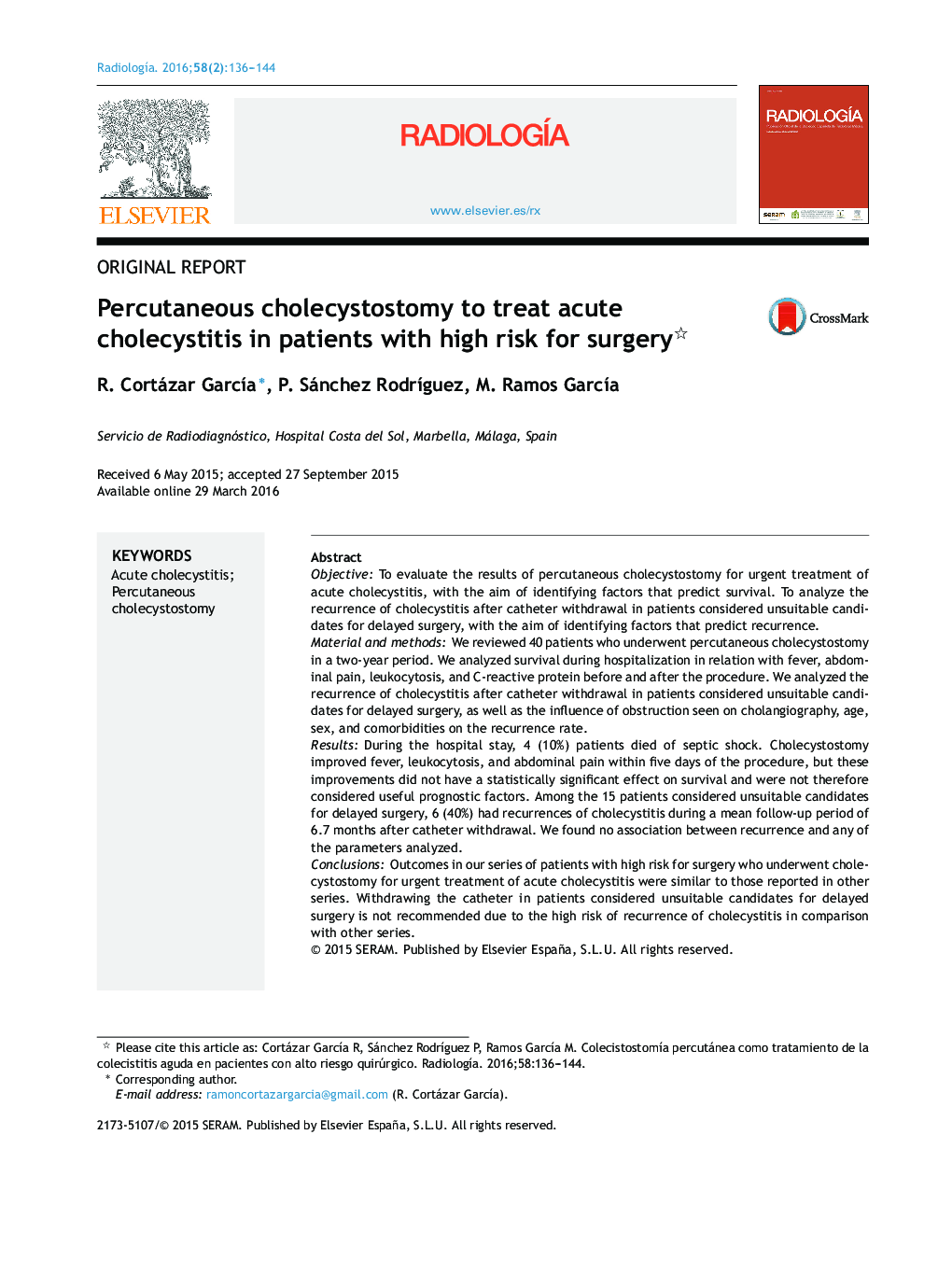 Percutaneous cholecystostomy to treat acute cholecystitis in patients with high risk for surgery 