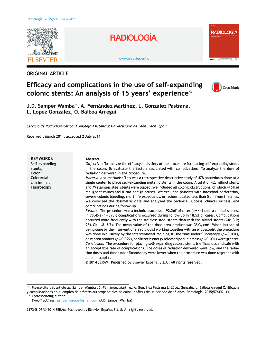 Efficacy and complications in the use of self-expanding colonic stents: An analysis of 15 years’ experience 