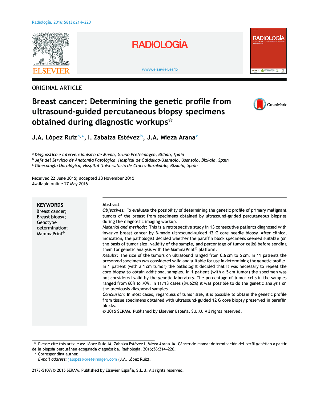 Breast cancer: Determining the genetic profile from ultrasound-guided percutaneous biopsy specimens obtained during diagnostic workups 