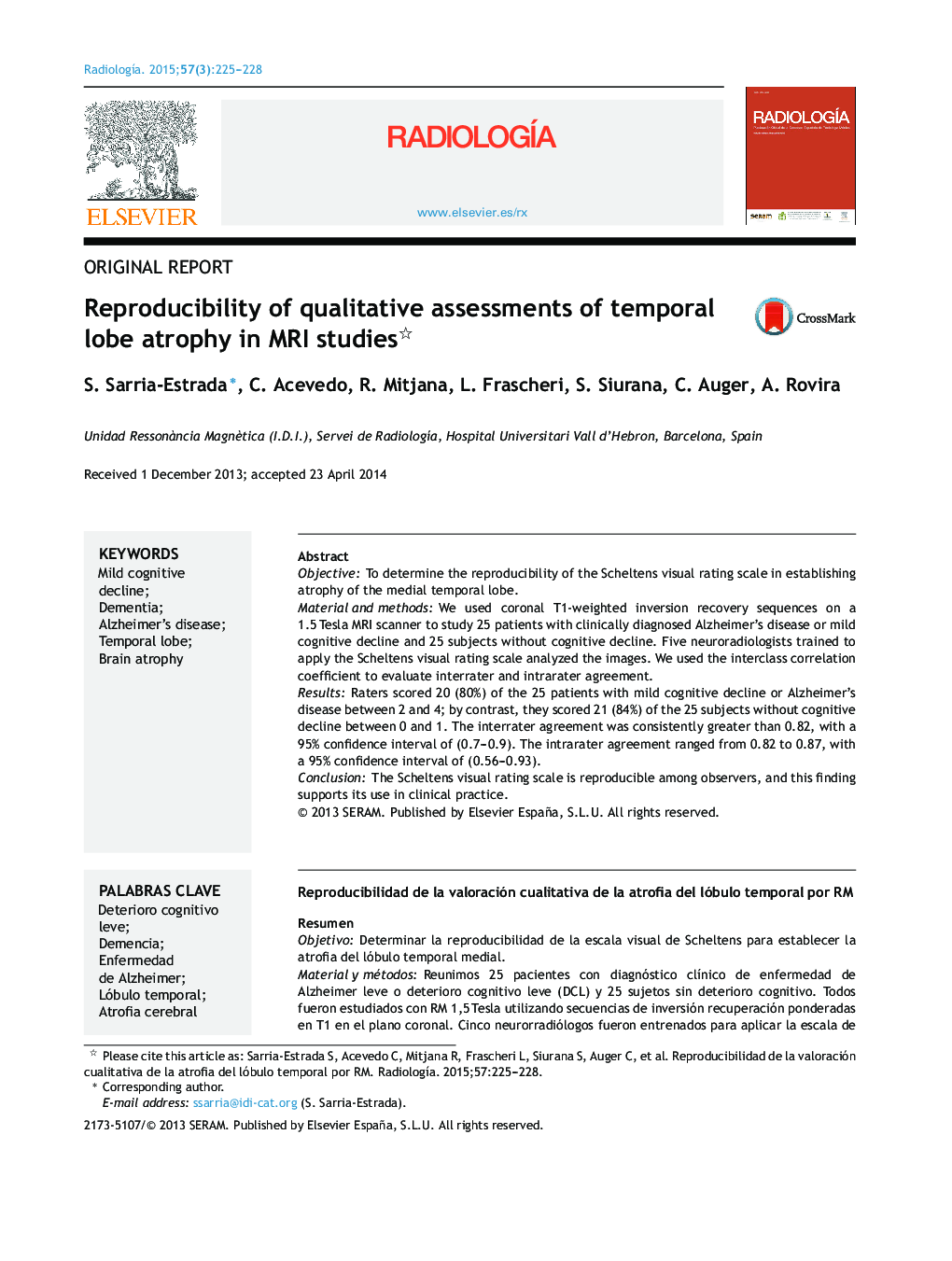 Reproducibility of qualitative assessments of temporal lobe atrophy in MRI studies