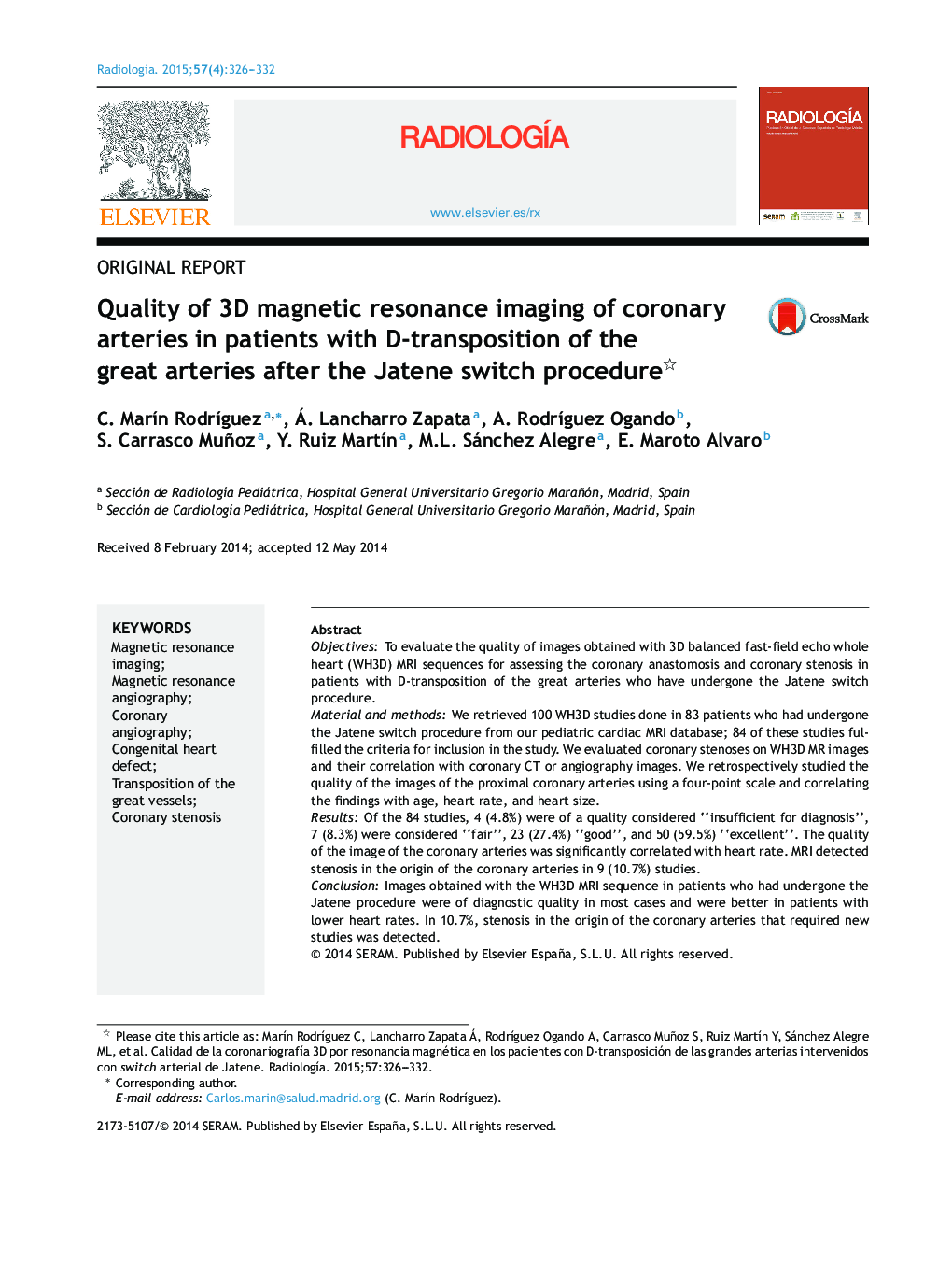 Quality of 3D magnetic resonance imaging of coronary arteries in patients with D-transposition of the great arteries after the Jatene switch procedure 