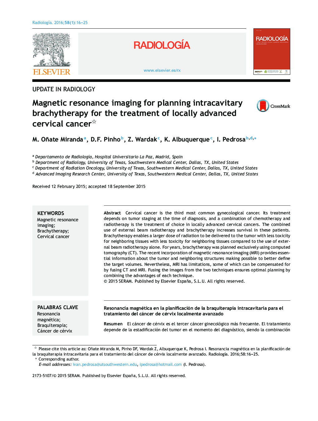 Magnetic resonance imaging for planning intracavitary brachytherapy for the treatment of locally advanced cervical cancer 