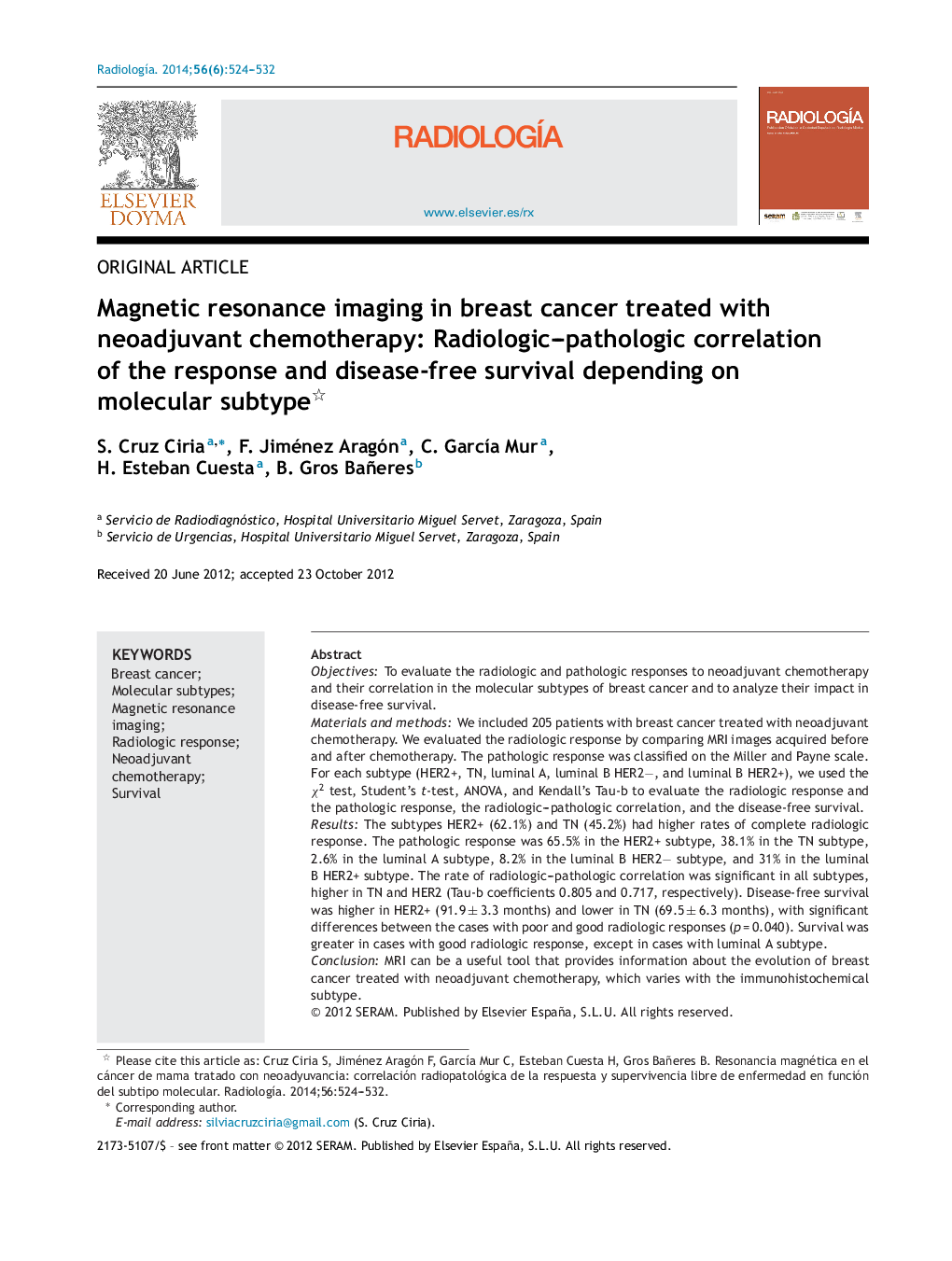 Magnetic resonance imaging in breast cancer treated with neoadjuvant chemotherapy: Radiologic–pathologic correlation of the response and disease-free survival depending on molecular subtype 