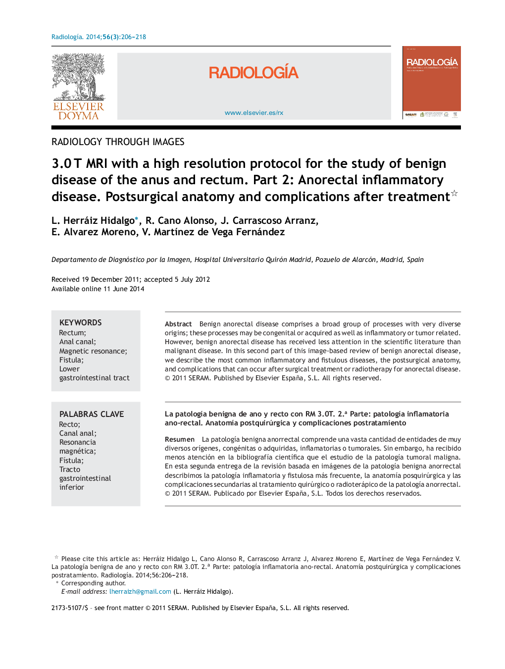 3.0 T MRI with a high resolution protocol for the study of benign disease of the anus and rectum. Part 2: Anorectal inflammatory disease. Postsurgical anatomy and complications after treatment 