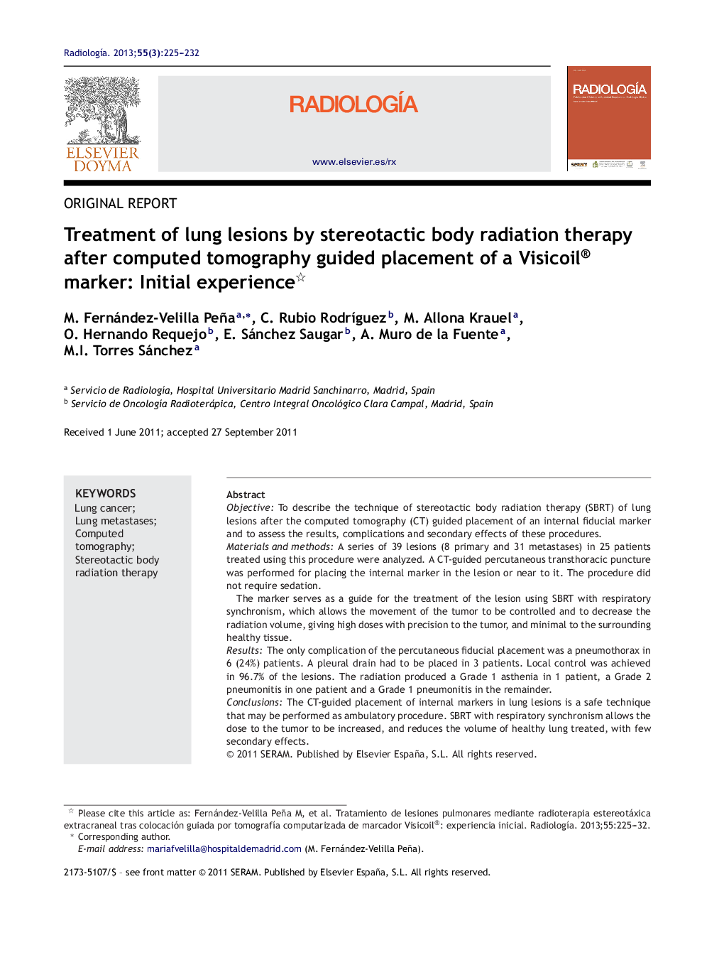 Treatment of lung lesions by stereotactic body radiation therapy after computed tomography guided placement of a Visicoil® marker: Initial experience 