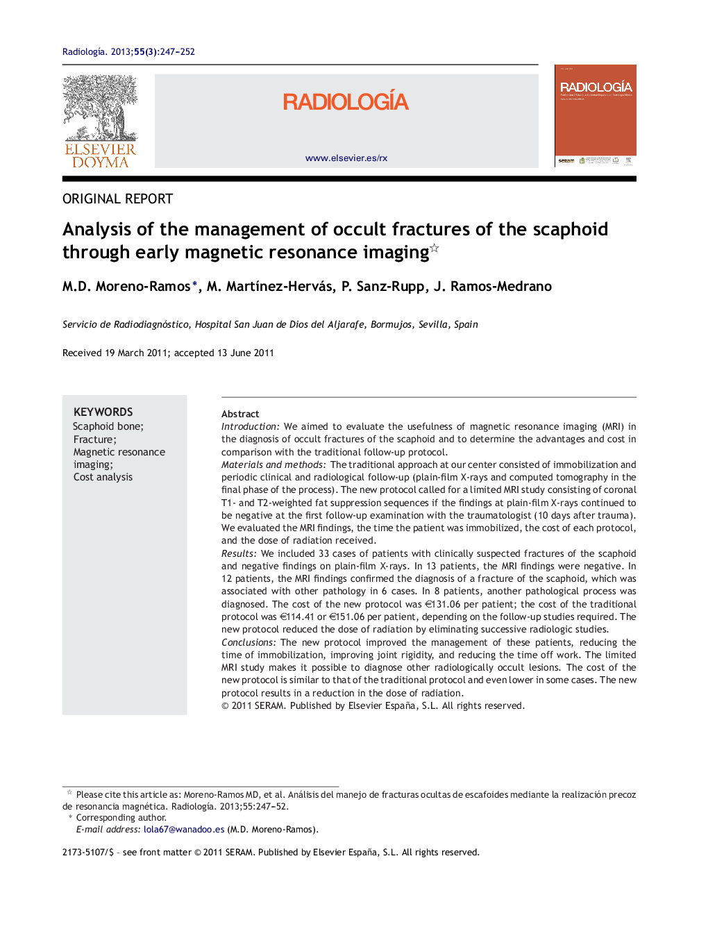 Analysis of the management of occult fractures of the scaphoid through early magnetic resonance imaging 