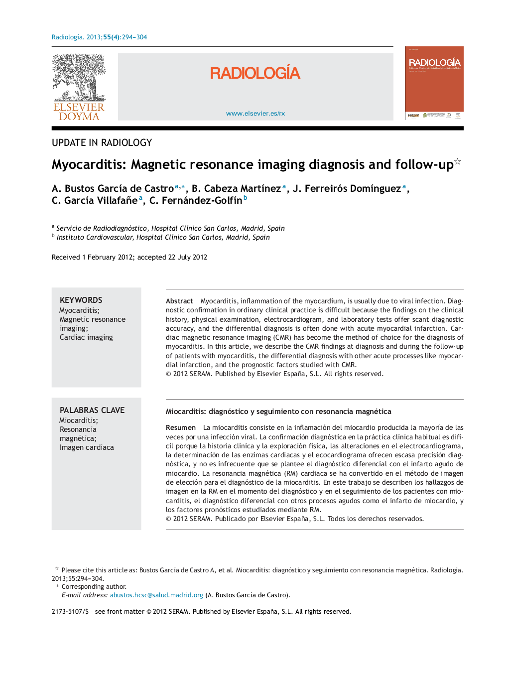 Myocarditis: Magnetic resonance imaging diagnosis and follow-up 