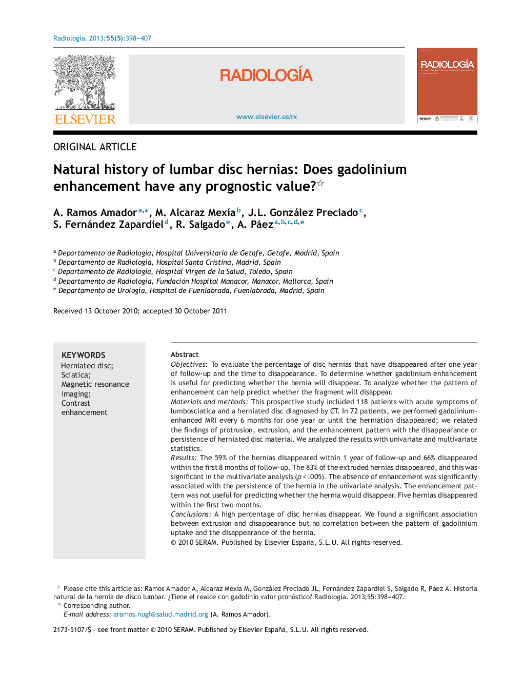 Natural history of lumbar disc hernias: Does gadolinium enhancement have any prognostic value?