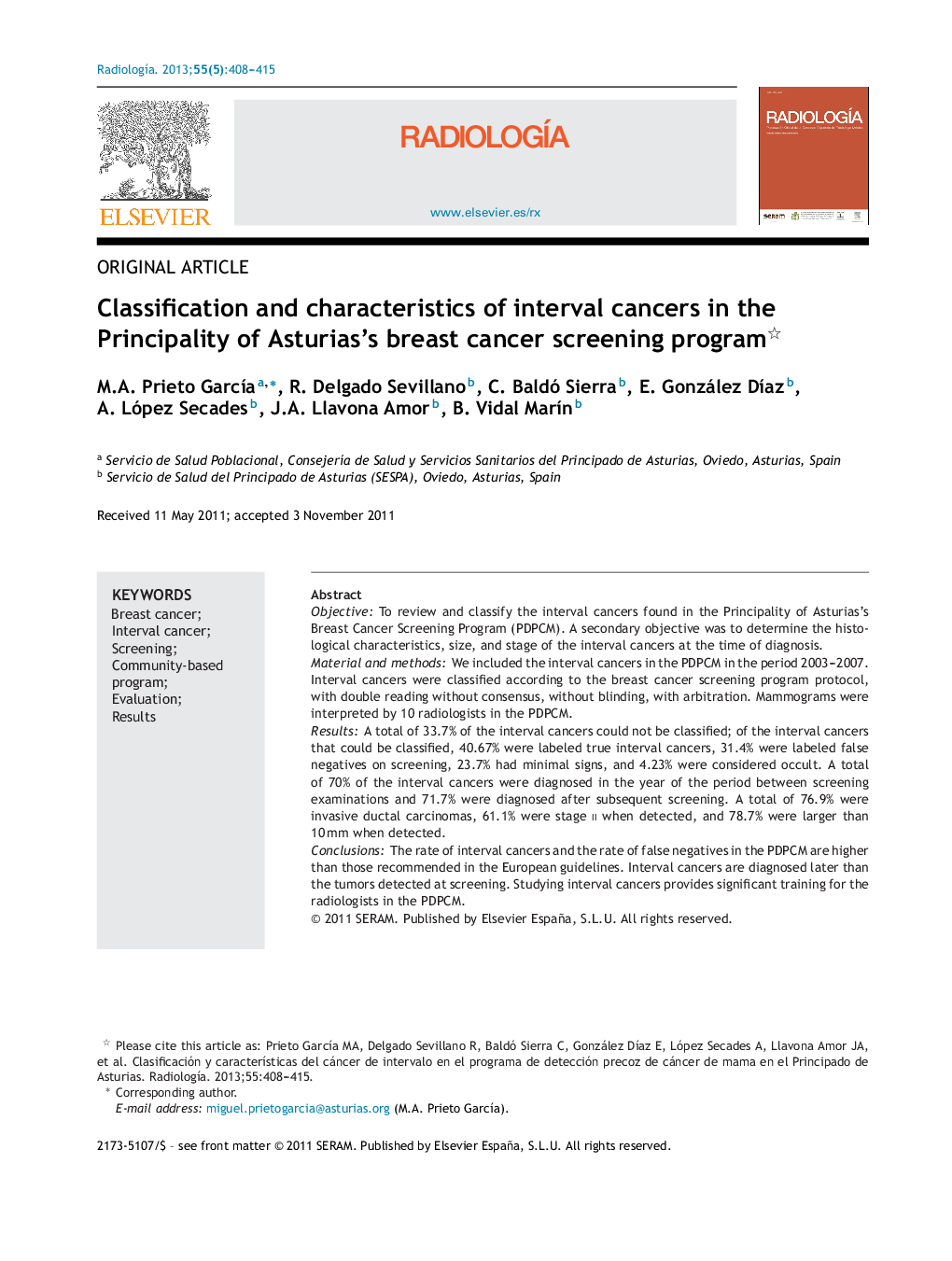 Classification and characteristics of interval cancers in the Principality of Asturias's breast cancer screening program 