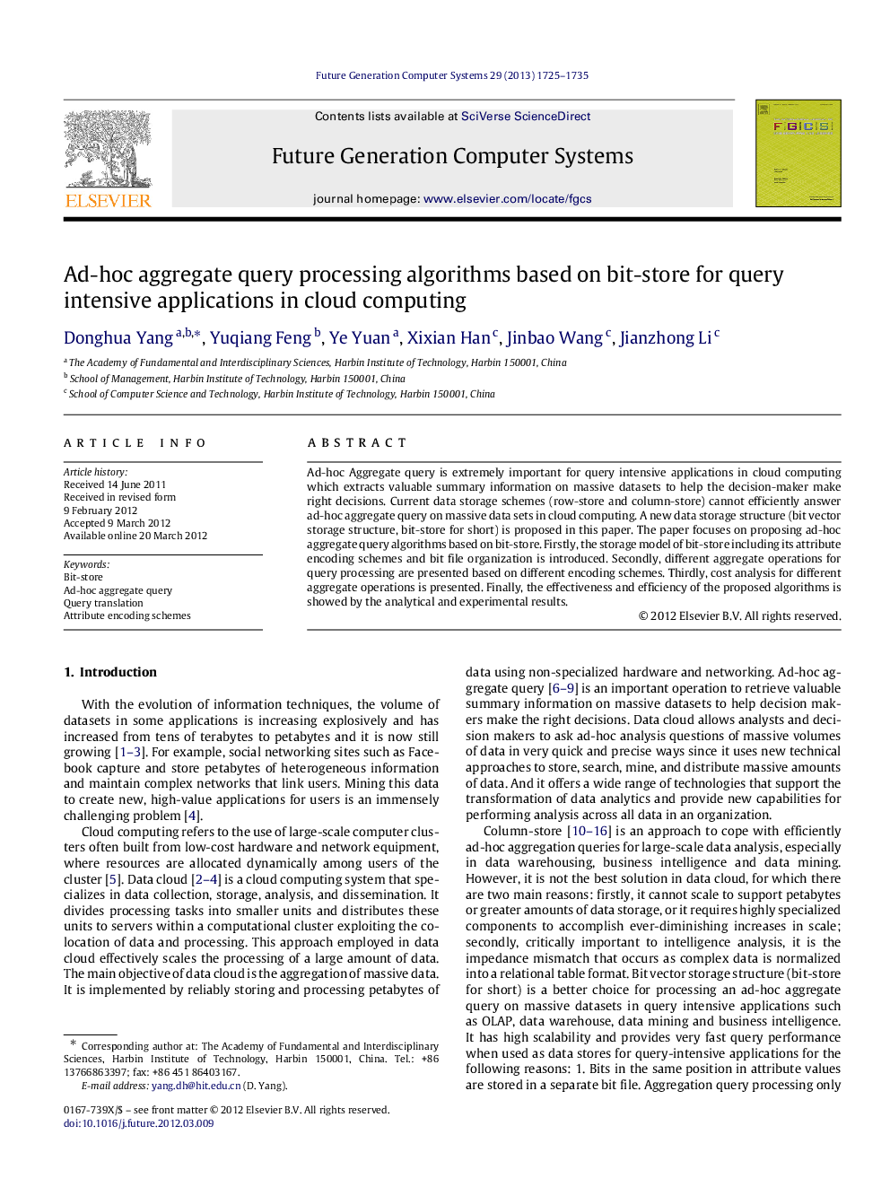 Ad-hoc aggregate query processing algorithms based on bit-store for query intensive applications in cloud computing