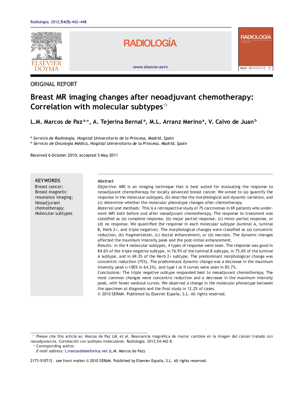 Breast MR imaging changes after neoadjuvant chemotherapy: Correlation with molecular subtypes 