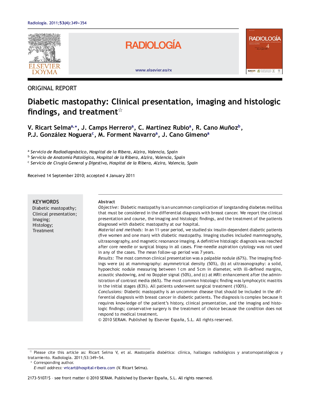 Diabetic mastopathy: Clinical presentation, imaging and histologic findings, and treatment