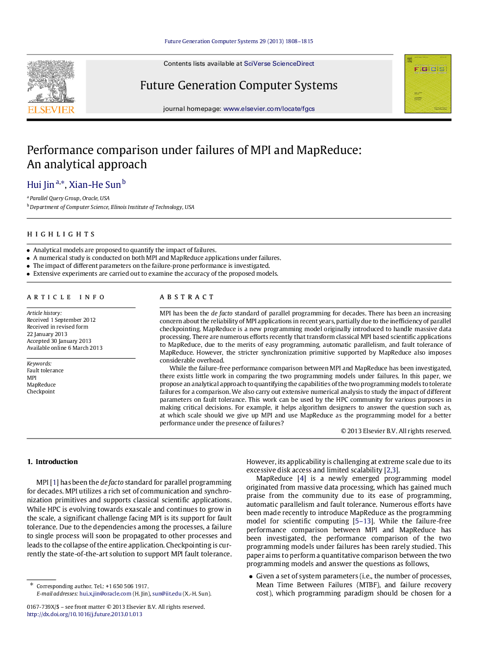 Performance comparison under failures of MPI and MapReduce: An analytical approach