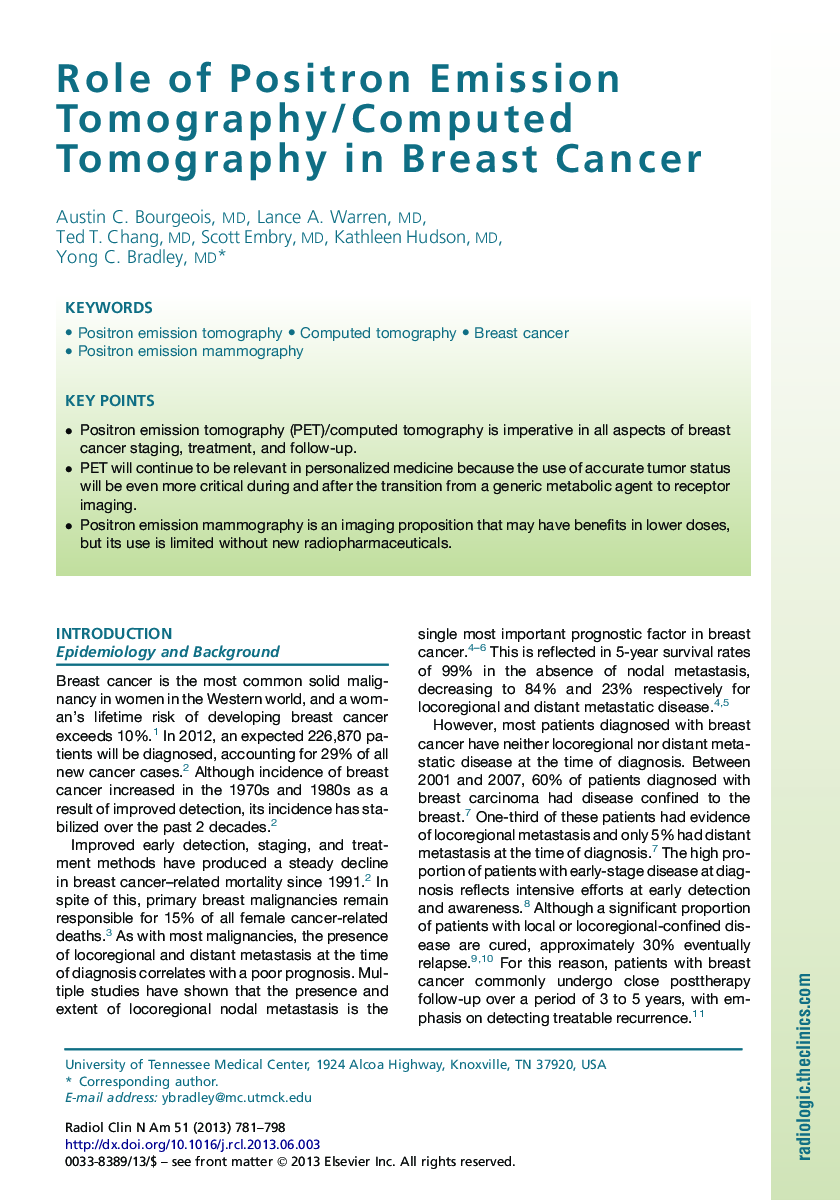 Role of Positron Emission Tomography/Computed Tomography in Breast Cancer