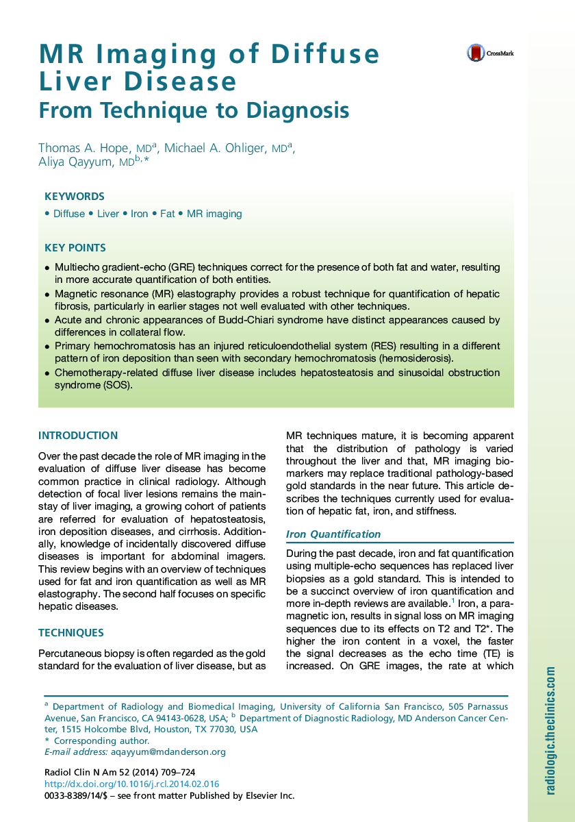 MR Imaging of Diffuse Liver Disease