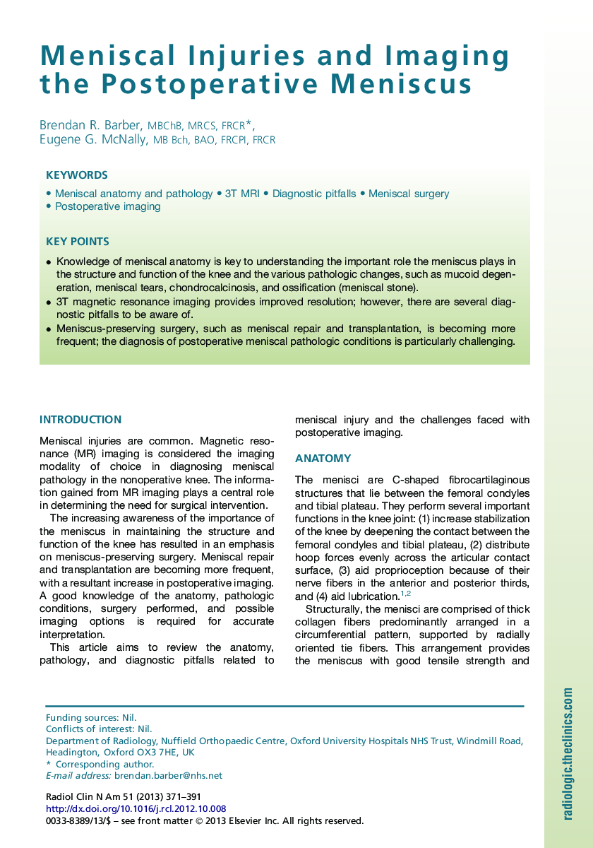 Meniscal Injuries and Imaging the Postoperative Meniscus