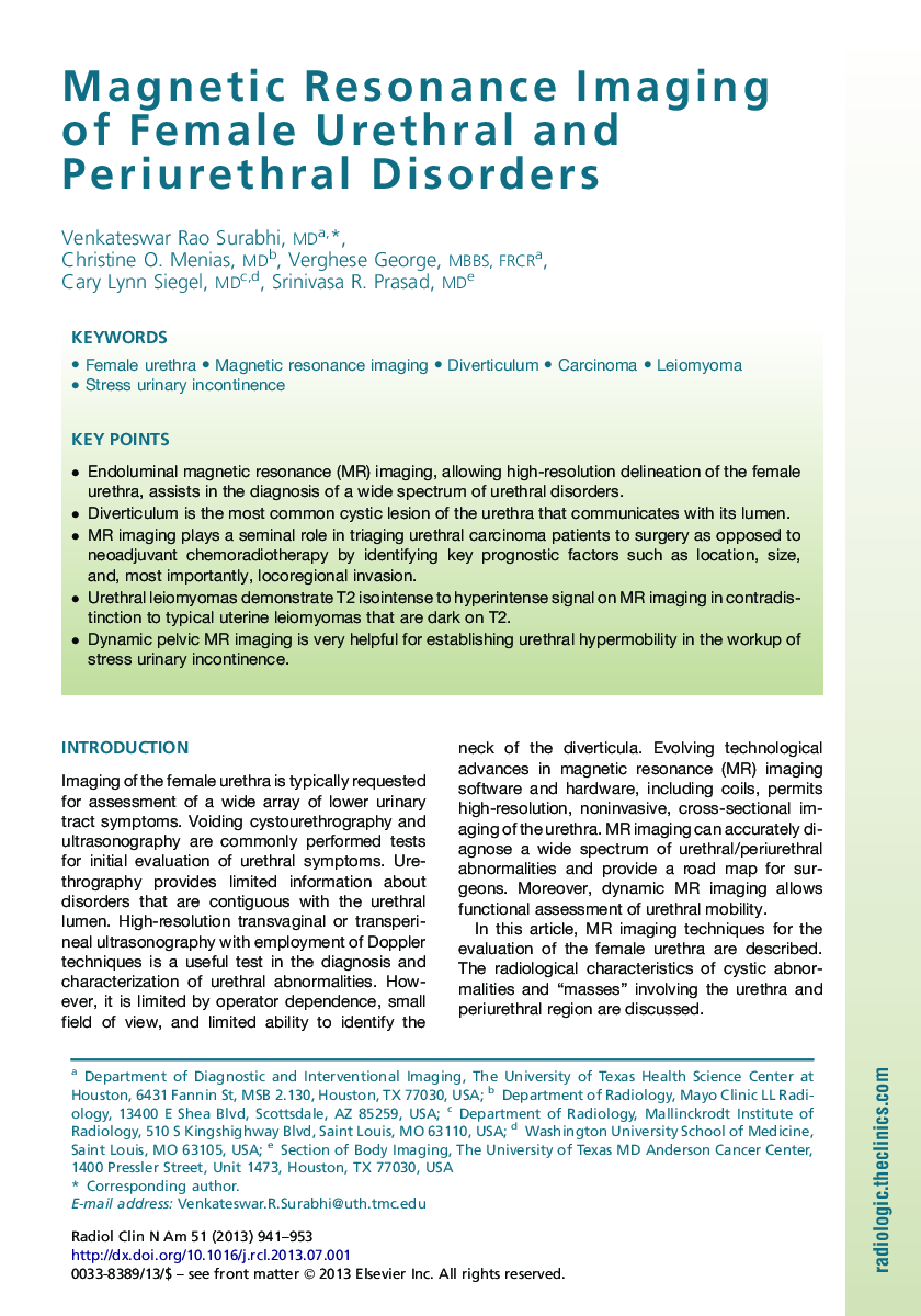 Magnetic Resonance Imaging of Female Urethral and Periurethral Disorders