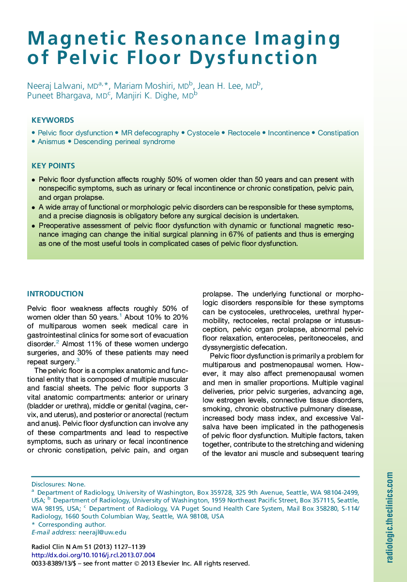 Magnetic Resonance Imaging of Pelvic Floor Dysfunction