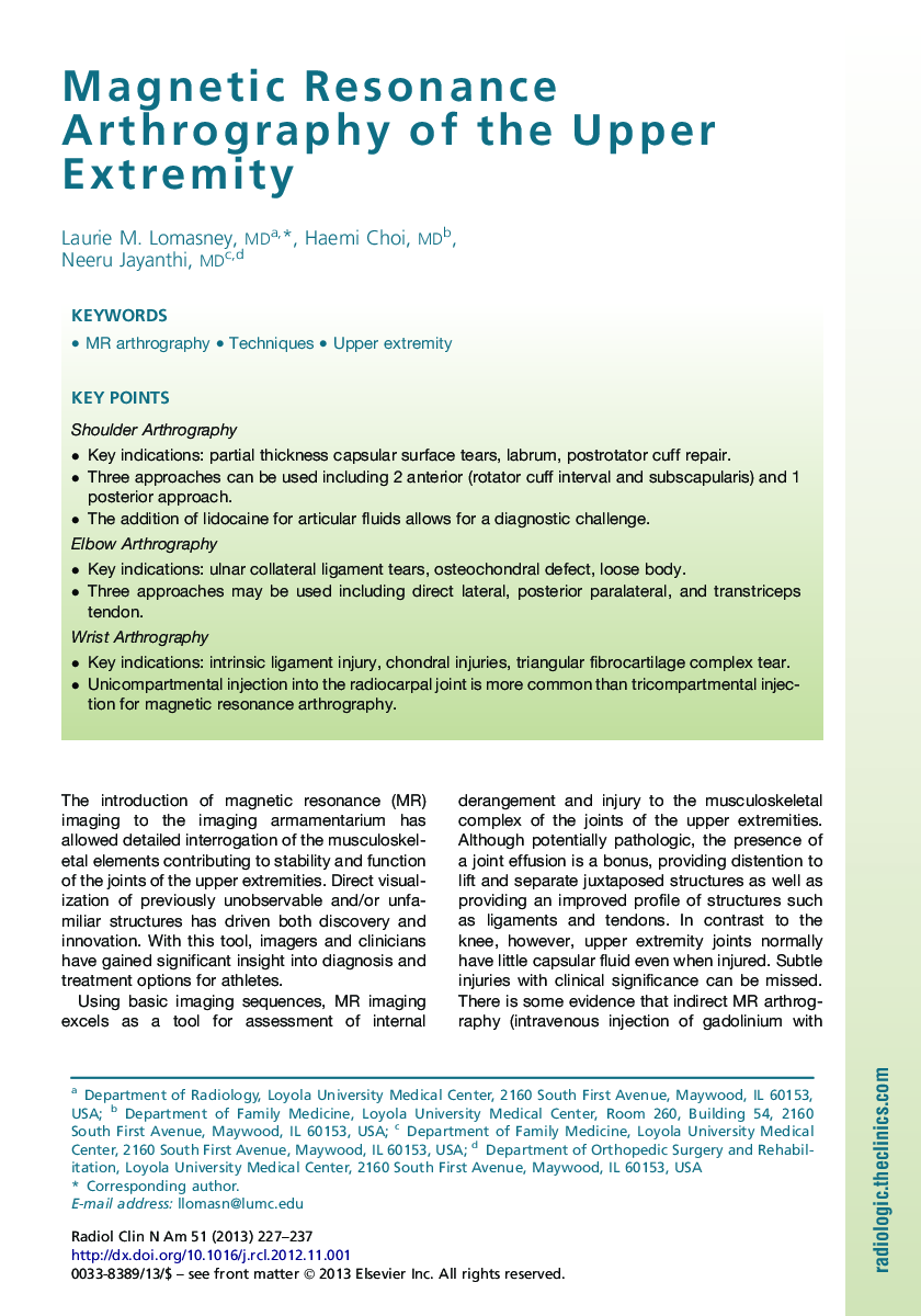 Magnetic Resonance Arthrography of the Upper Extremity