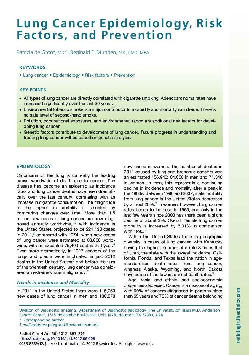 Lung Cancer Epidemiology, Risk Factors, and Prevention