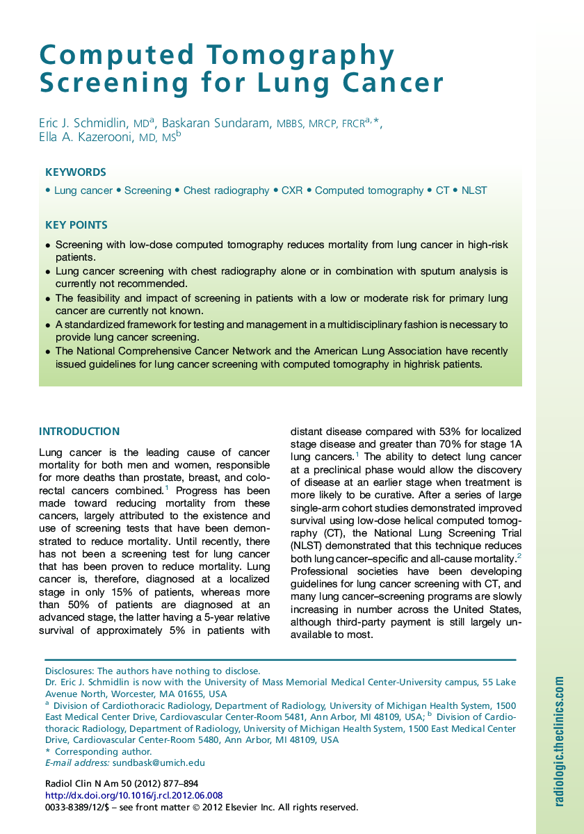 Computed Tomography Screening for Lung Cancer