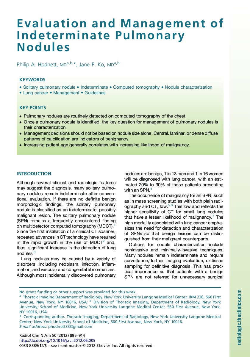 Evaluation and Management of Indeterminate Pulmonary Nodules