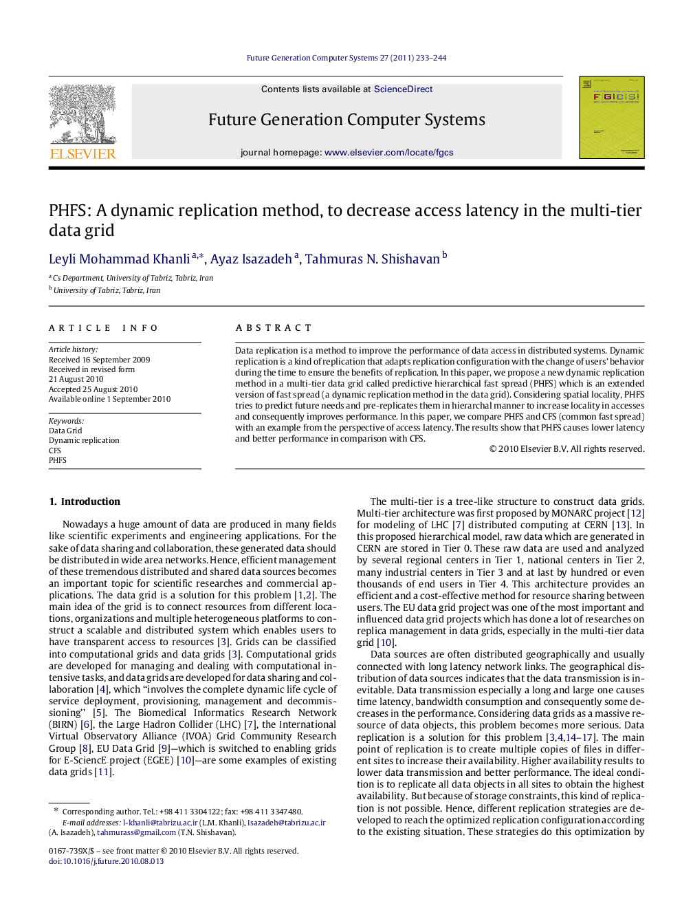 PHFS: A dynamic replication method, to decrease access latency in the multi-tier data grid