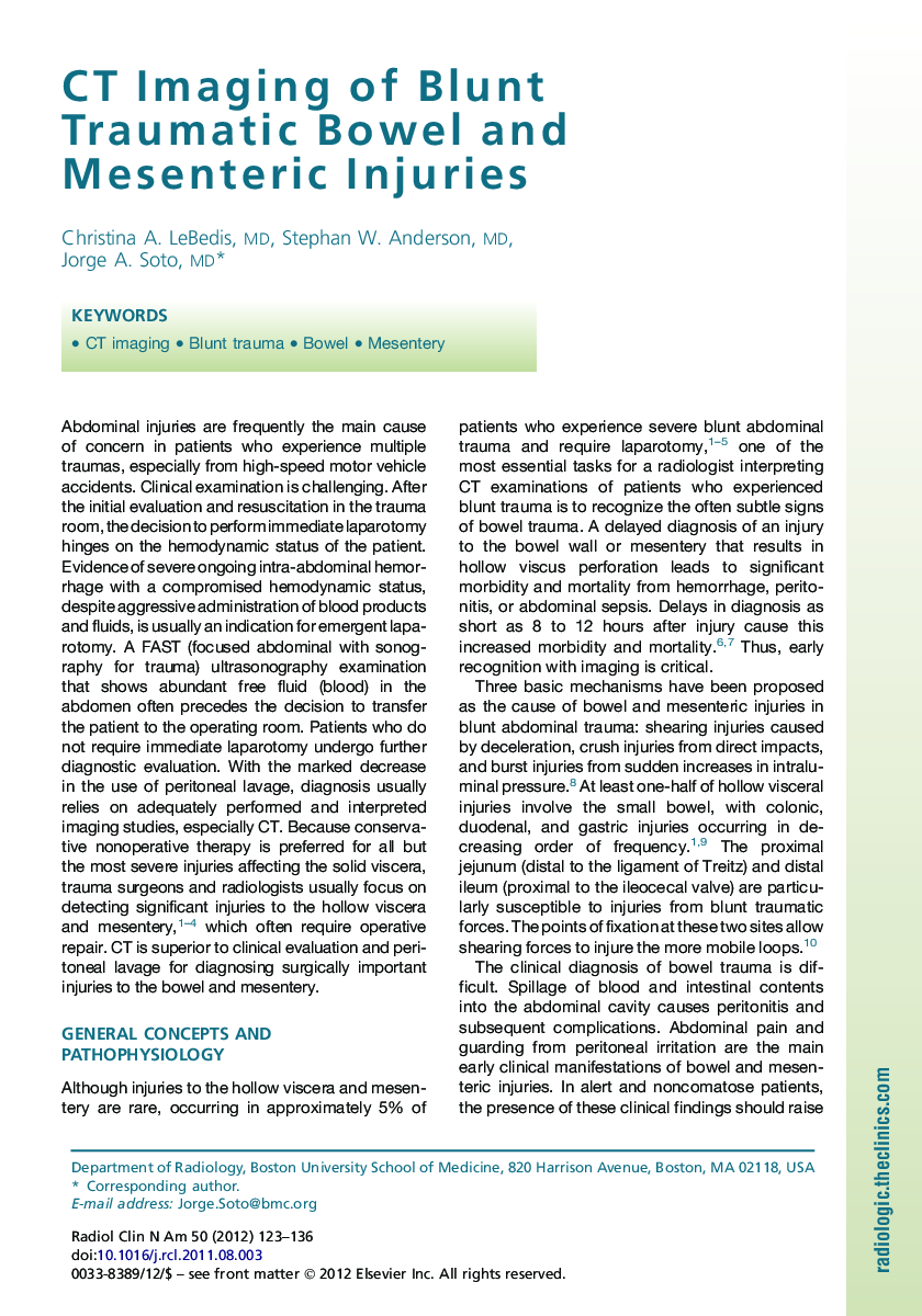 CT Imaging of Blunt Traumatic Bowel and Mesenteric Injuries