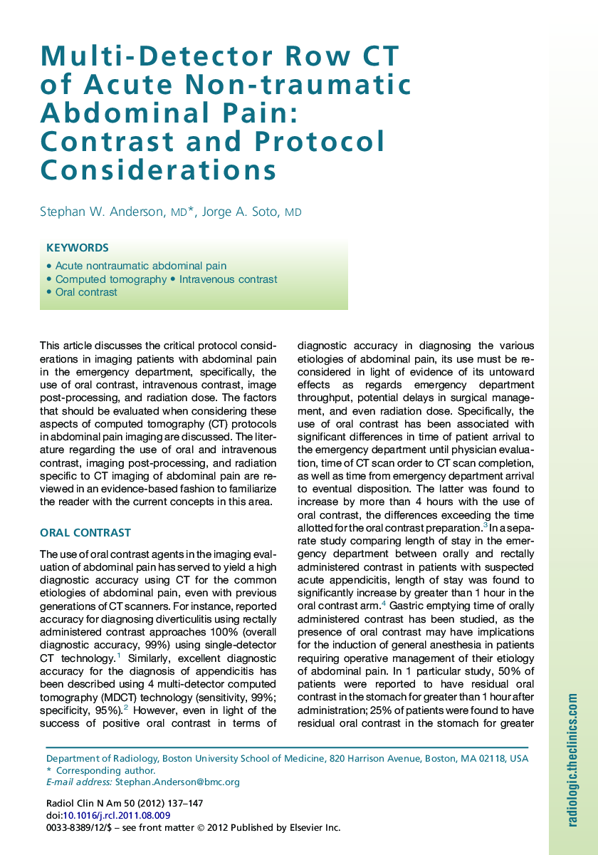 Multi-Detector Row CT of Acute Non-traumatic Abdominal Pain: Contrast and Protocol Considerations