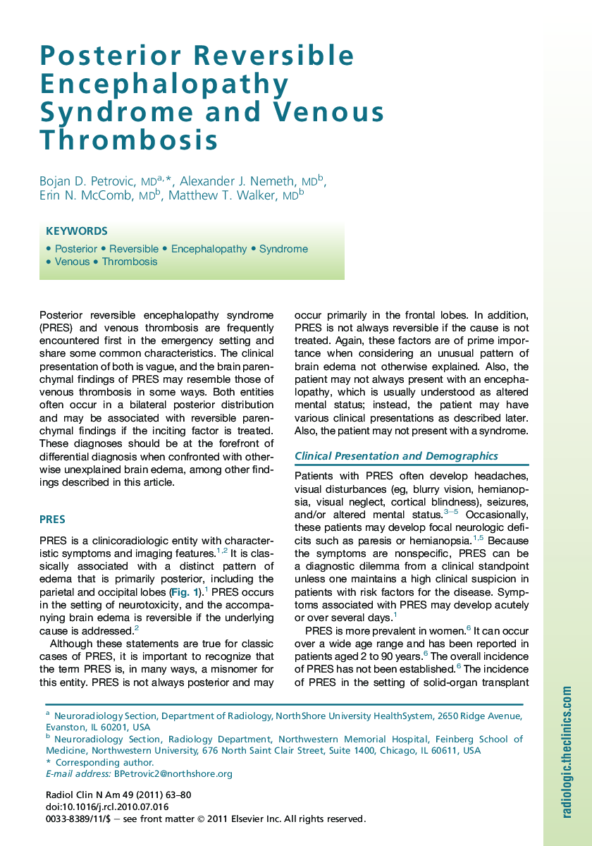 Posterior Reversible Encephalopathy Syndrome and Venous Thrombosis