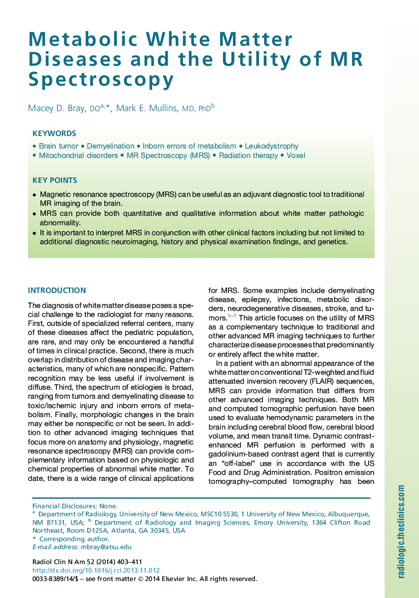 Metabolic White Matter Diseases and the Utility of MR Spectroscopy