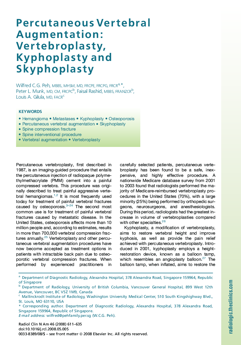 Percutaneous Vertebral Augmentation: Vertebroplasty, Kyphoplasty and Skyphoplasty