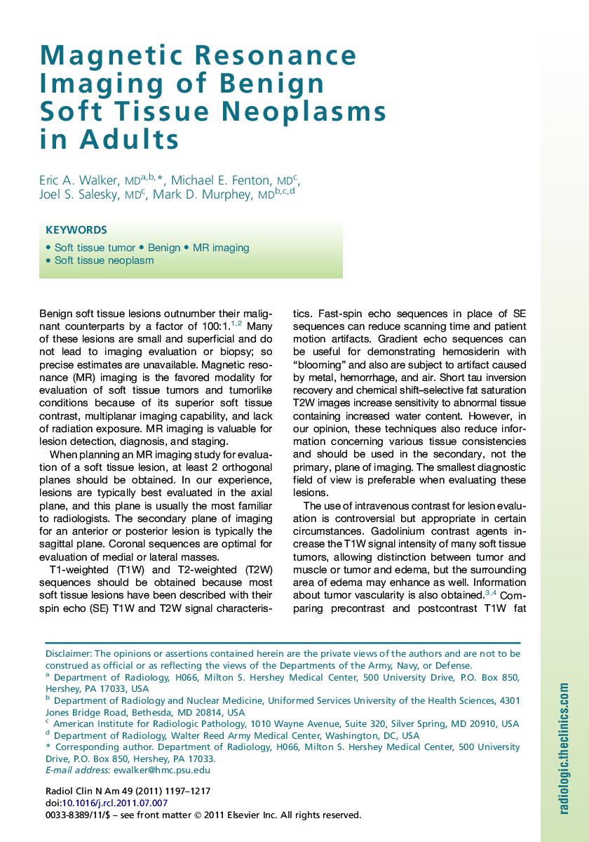 Magnetic Resonance Imaging of Benign Soft Tissue Neoplasms in Adults