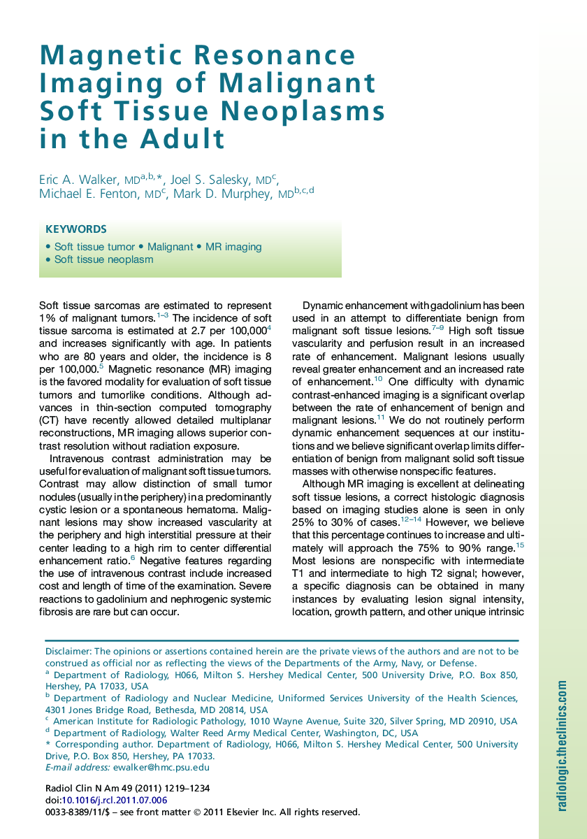 Magnetic Resonance Imaging of Malignant Soft Tissue Neoplasms in the Adult