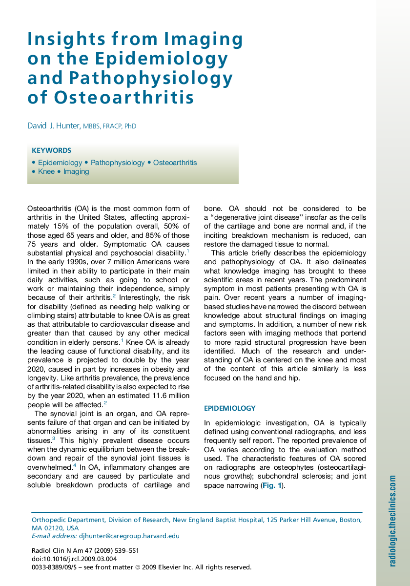 Insights from Imaging on the Epidemiology and Pathophysiology of Osteoarthritis