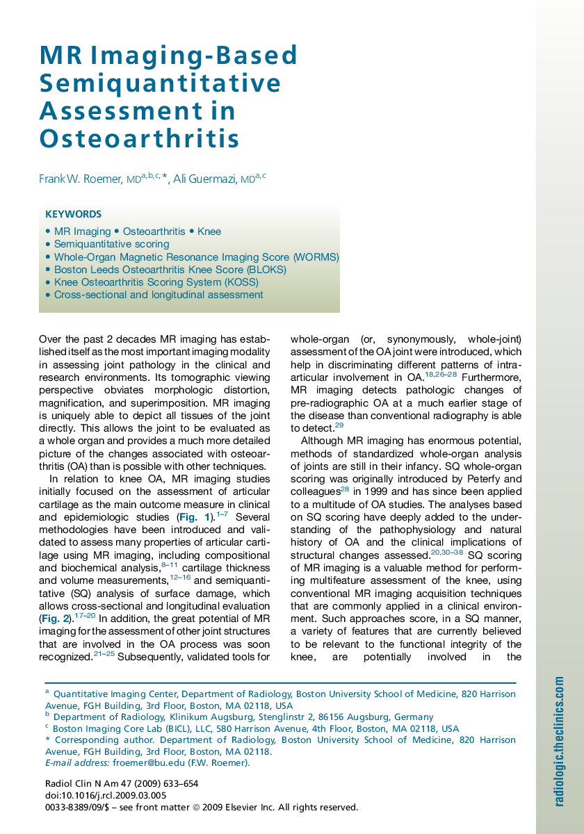 MR Imaging-Based Semiquantitative Assessment in Osteoarthritis