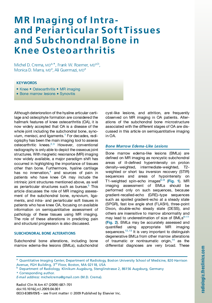 MR Imaging of Intra- and Periarticular Soft Tissues and Subchondral Bone in Knee Osteoarthritis
