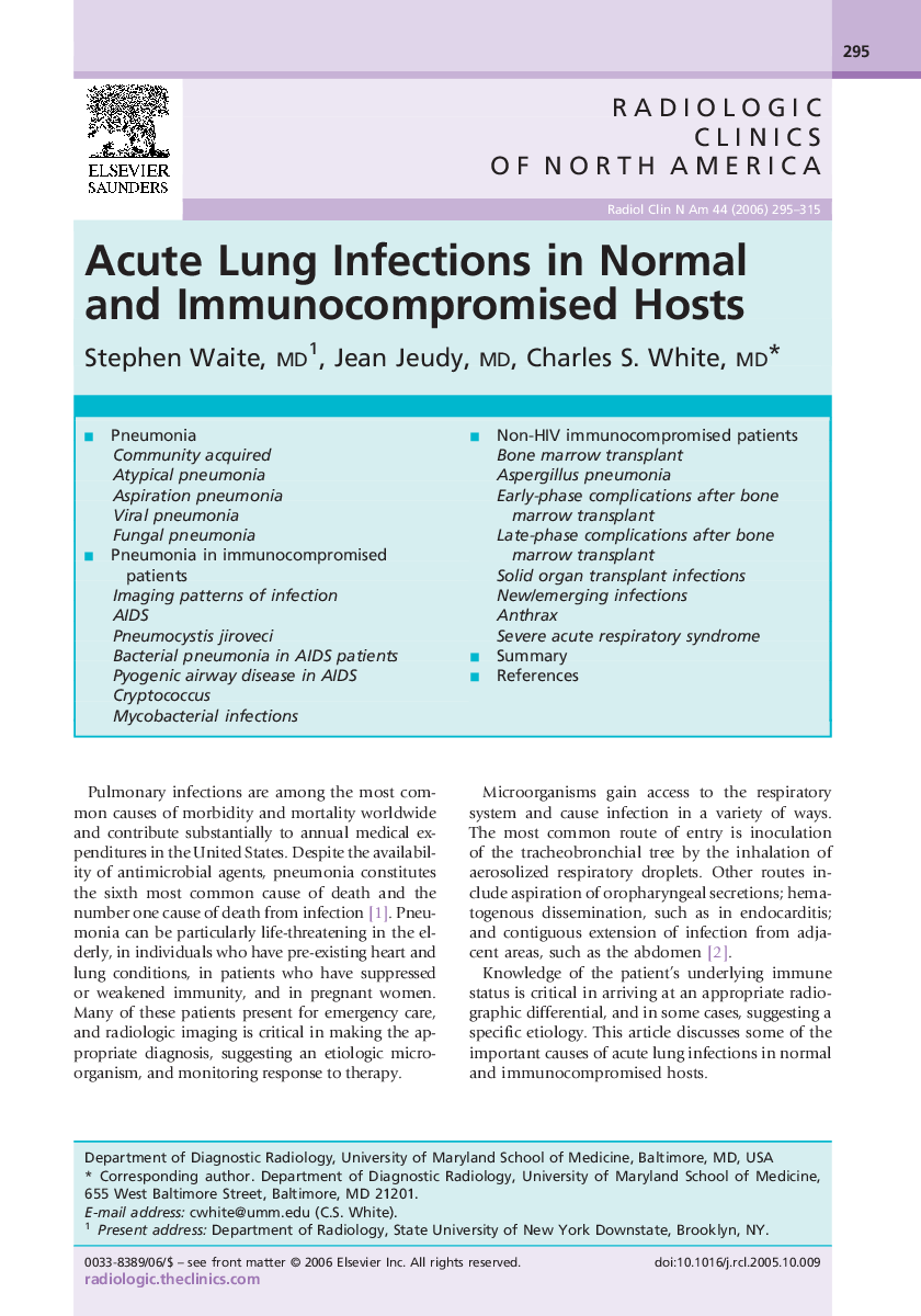Acute Lung Infections in Normal and Immunocompromised Hosts