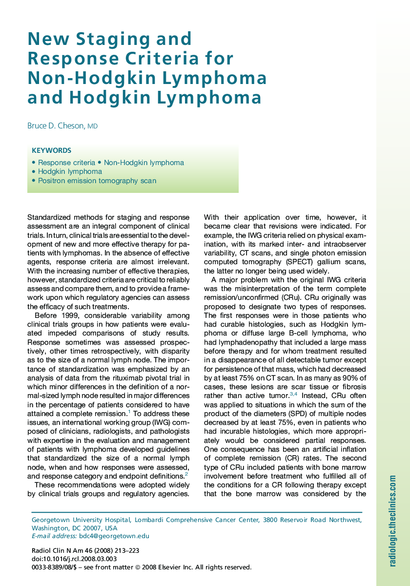 New Staging and Response Criteria for Non-Hodgkin Lymphoma and Hodgkin Lymphoma