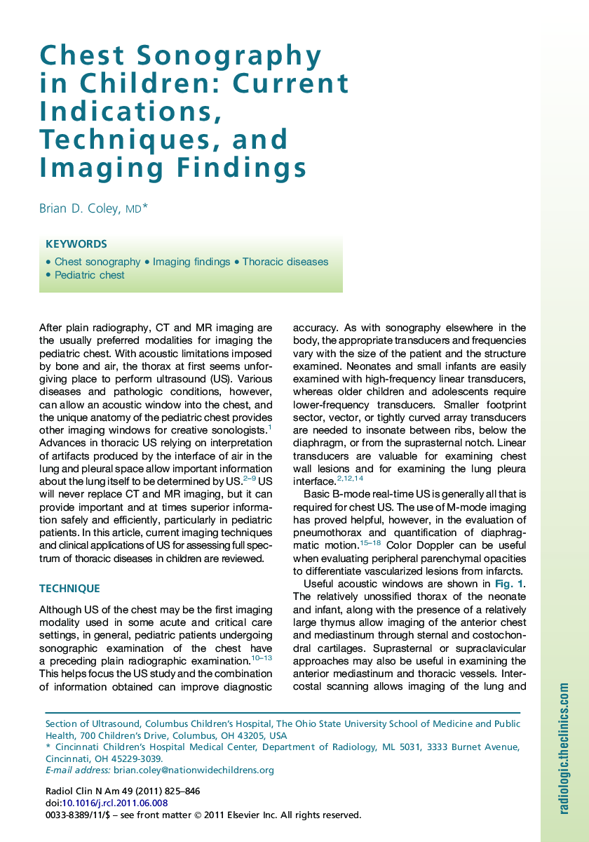 Chest Sonography in Children: Current Indications, Techniques, and Imaging Findings