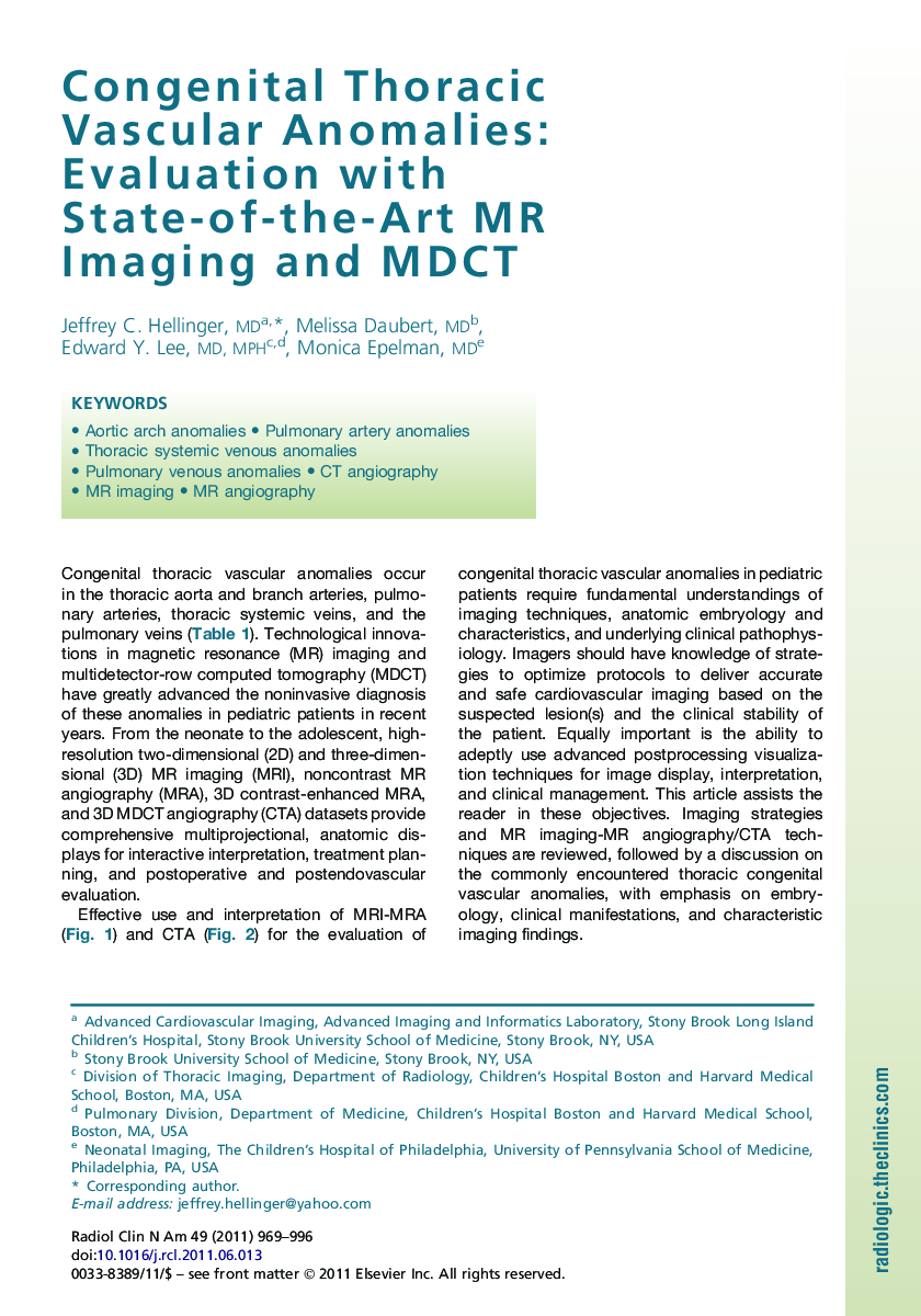 Congenital Thoracic Vascular Anomalies: Evaluation with State-of-the-Art MR Imaging and MDCT