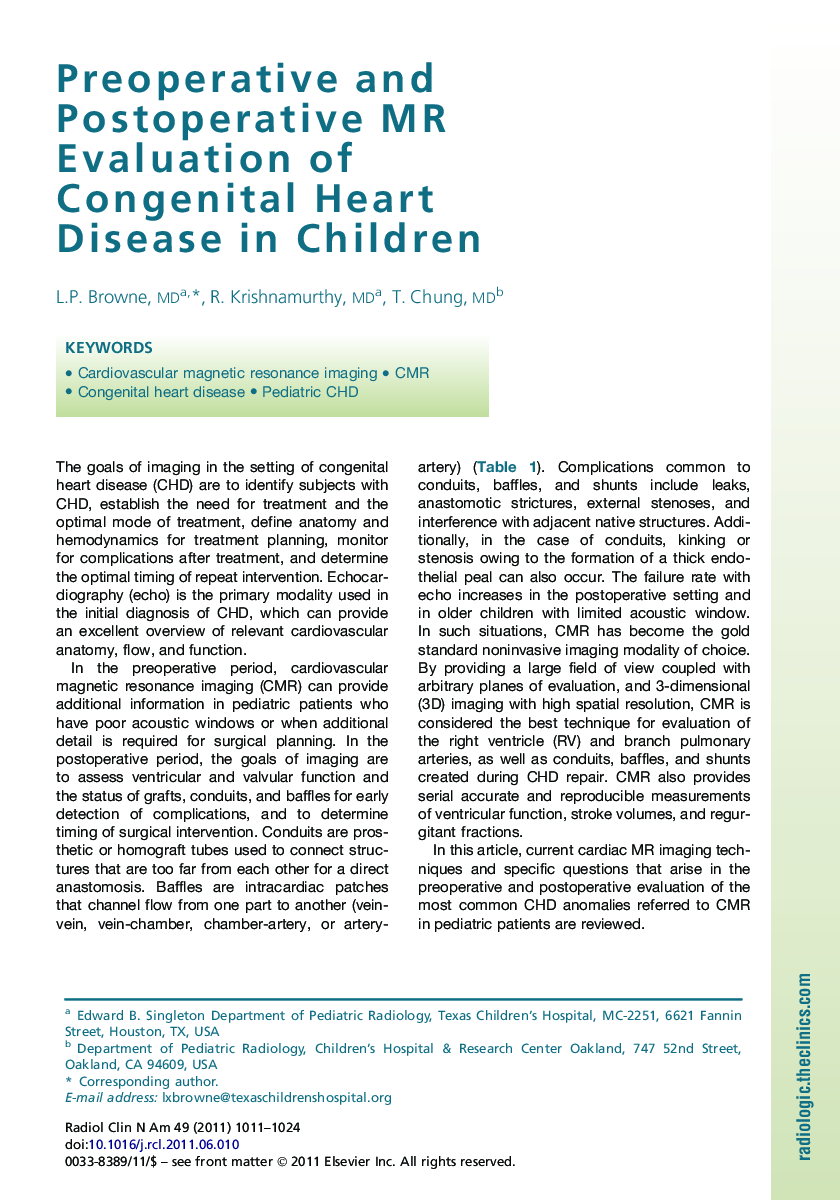 Preoperative and Postoperative MR Evaluation of Congenital Heart Disease in Children