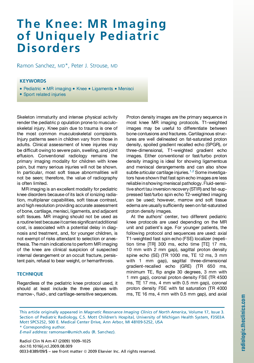 The Knee: MR Imaging of Uniquely Pediatric Disorders