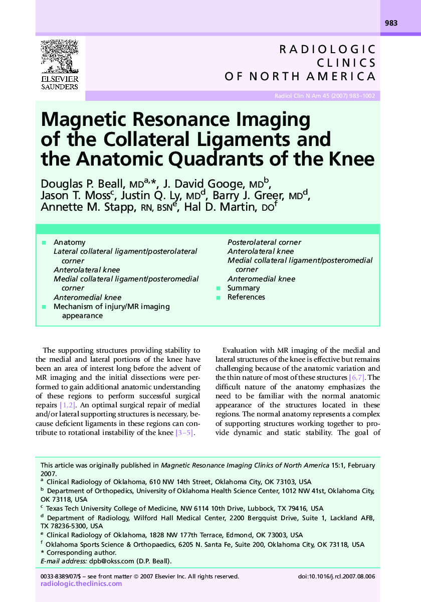 Magnetic Resonance Imaging of the Collateral Ligaments and the Anatomic Quadrants of the Knee 