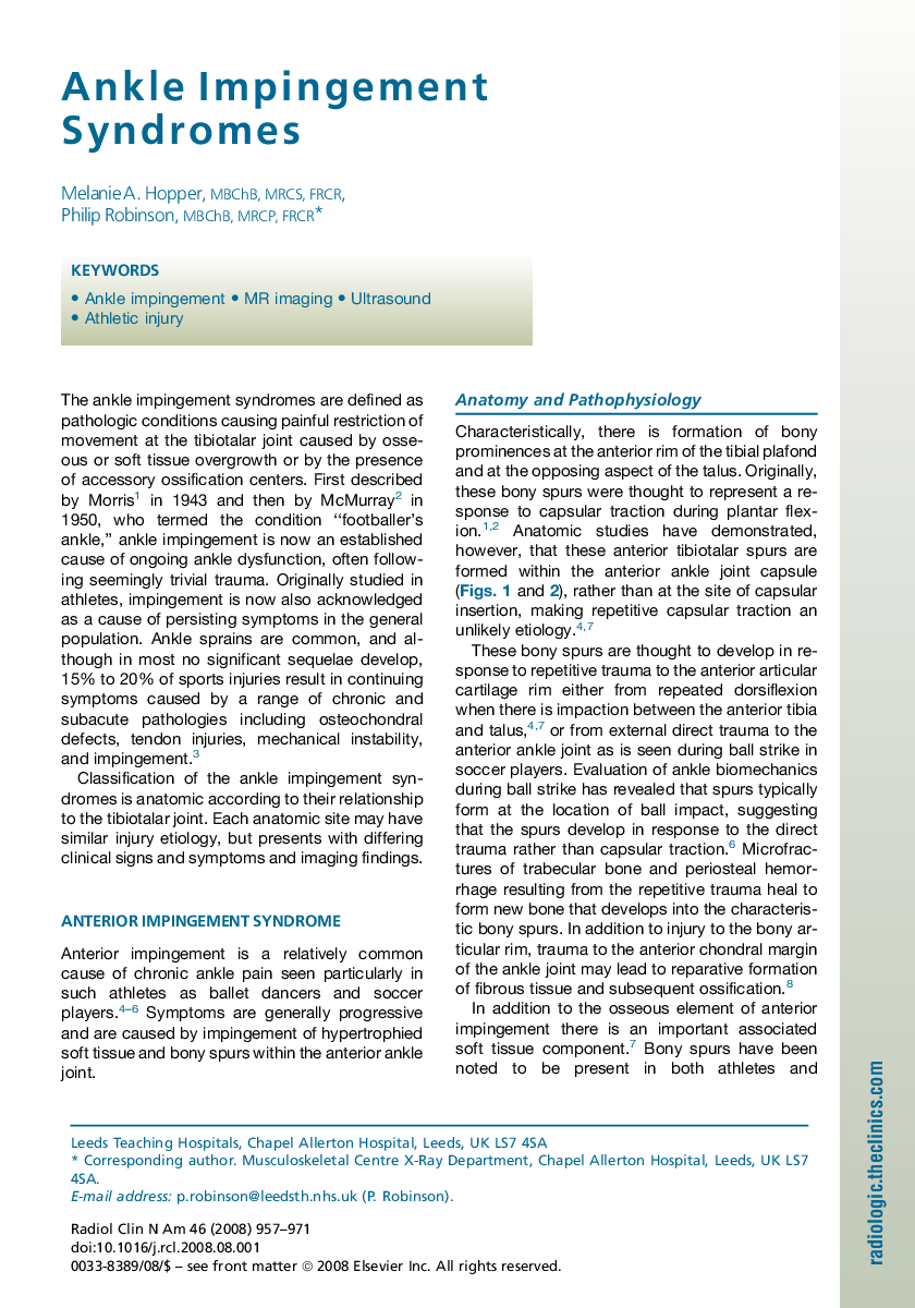 Ankle Impingement Syndromes