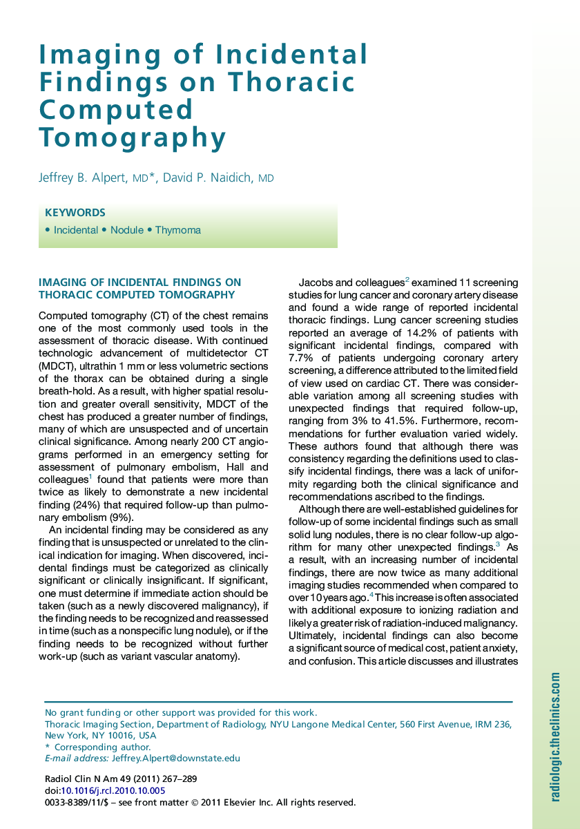 Imaging of Incidental Findings on Thoracic Computed Tomography