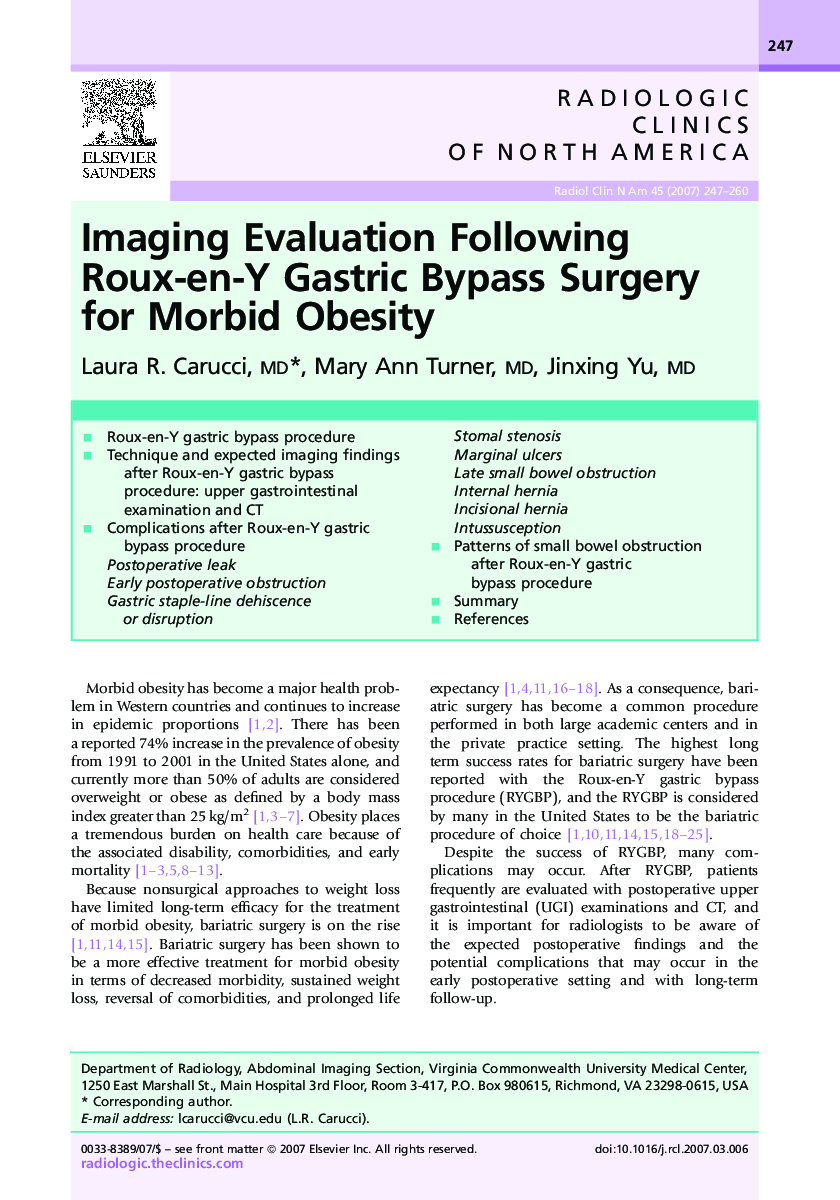 Imaging Evaluation Following Roux-en-Y Gastric Bypass Surgery for Morbid Obesity
