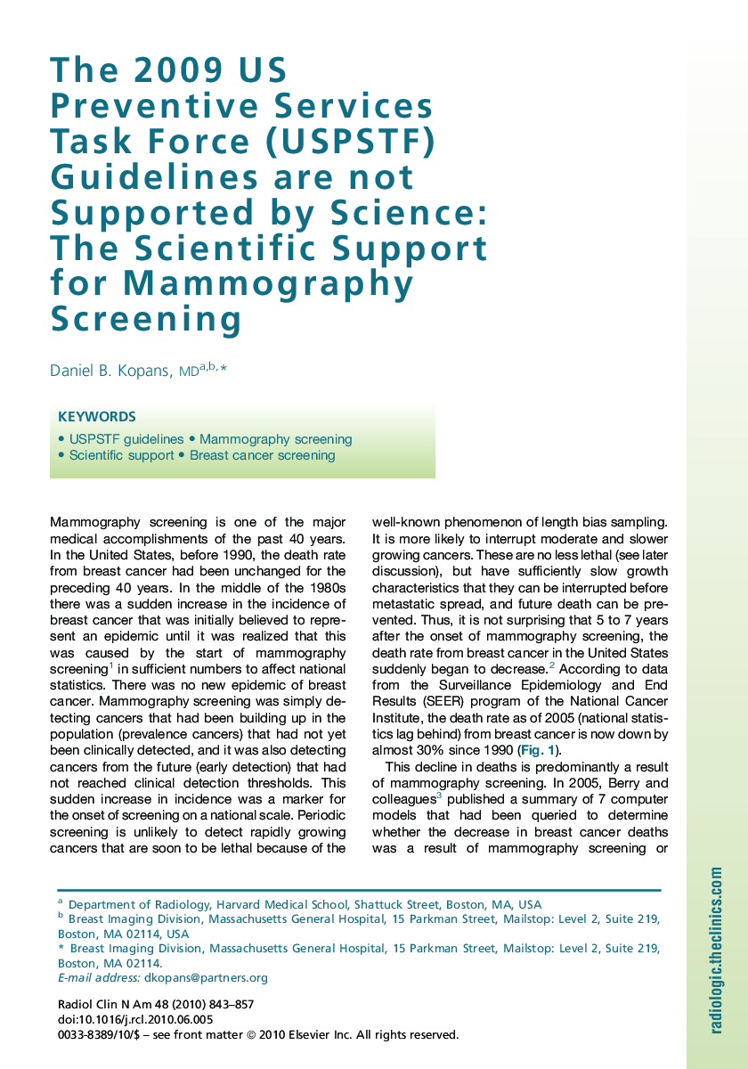 The 2009 US Preventive Services Task Force (USPSTF) Guidelines are not Supported by Science: The Scientific Support for Mammography Screening