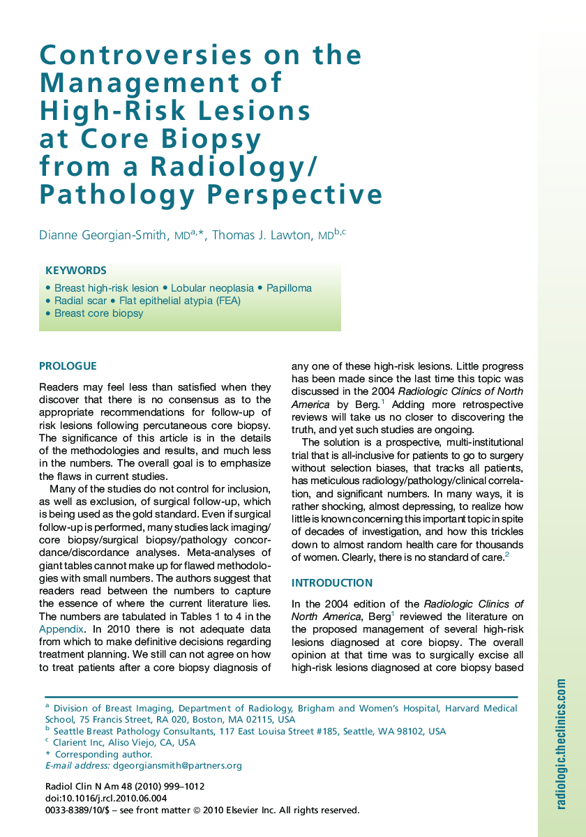 Controversies on the Management of High-Risk Lesions at Core Biopsy from a Radiology/Pathology Perspective