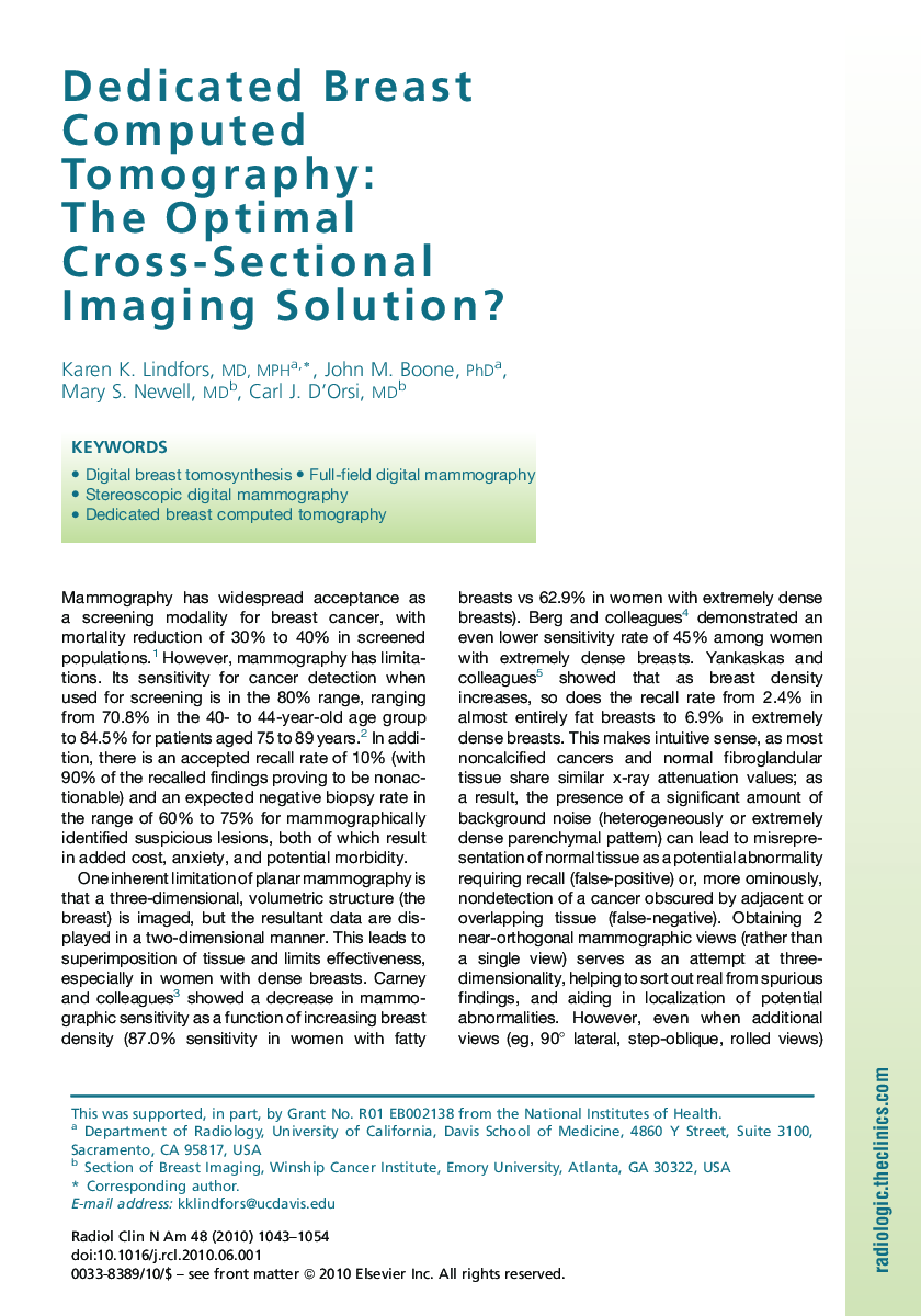 Dedicated Breast Computed Tomography: The Optimal Cross-Sectional Imaging Solution?